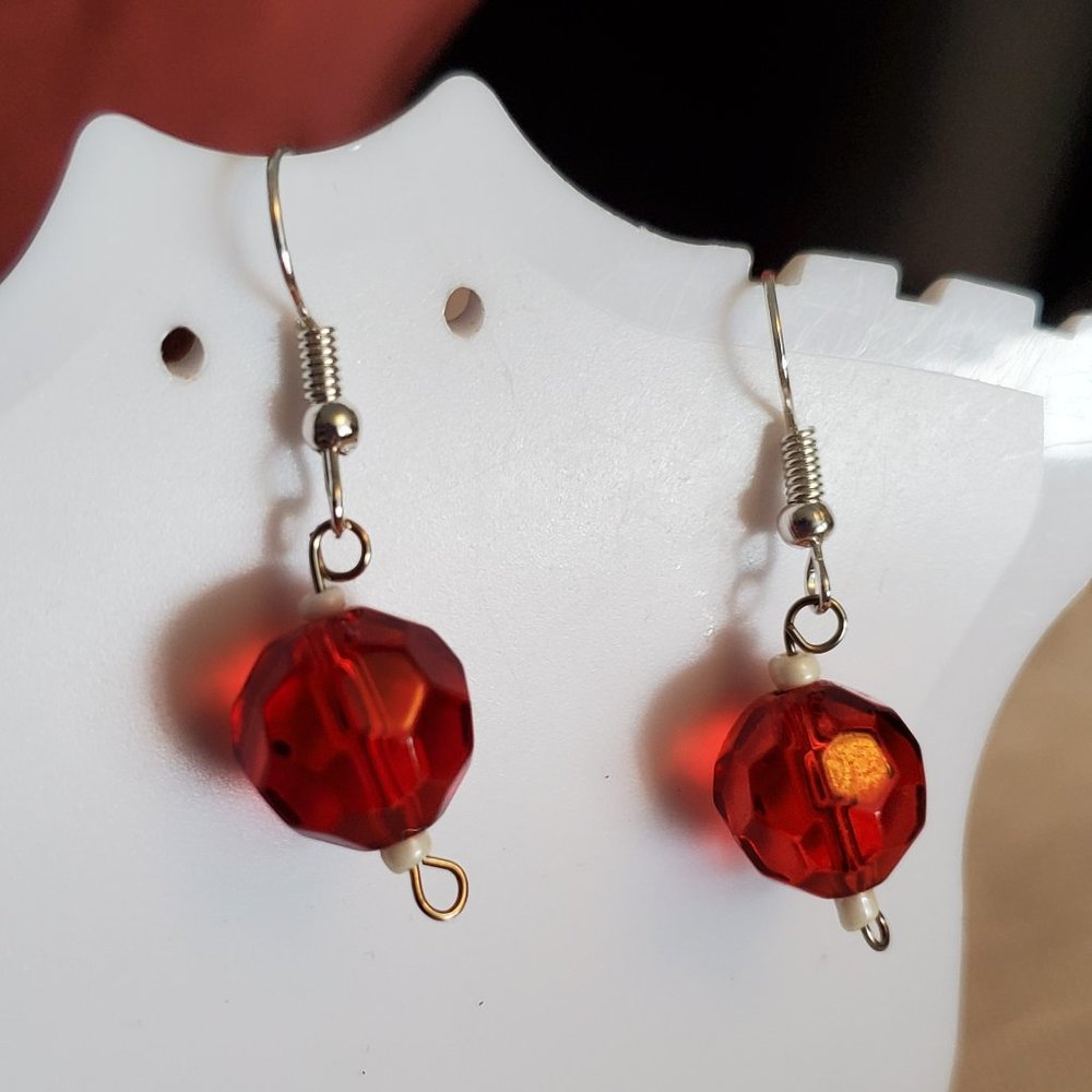 Silver Tone Hook Red Glass Bead Dangle Earrings